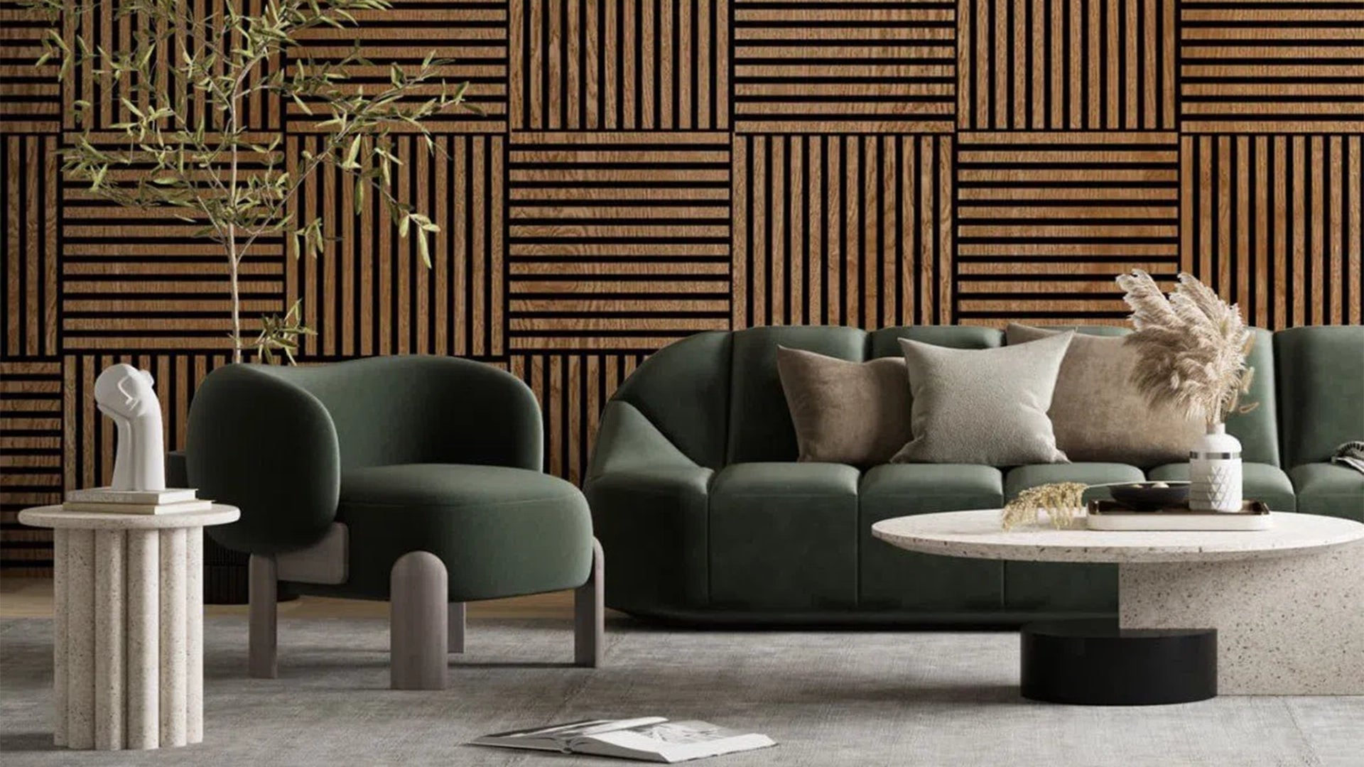 Wooden Acoustic Panels - VENEERED OAK Wall Slats in living room interior DecorMania.eu