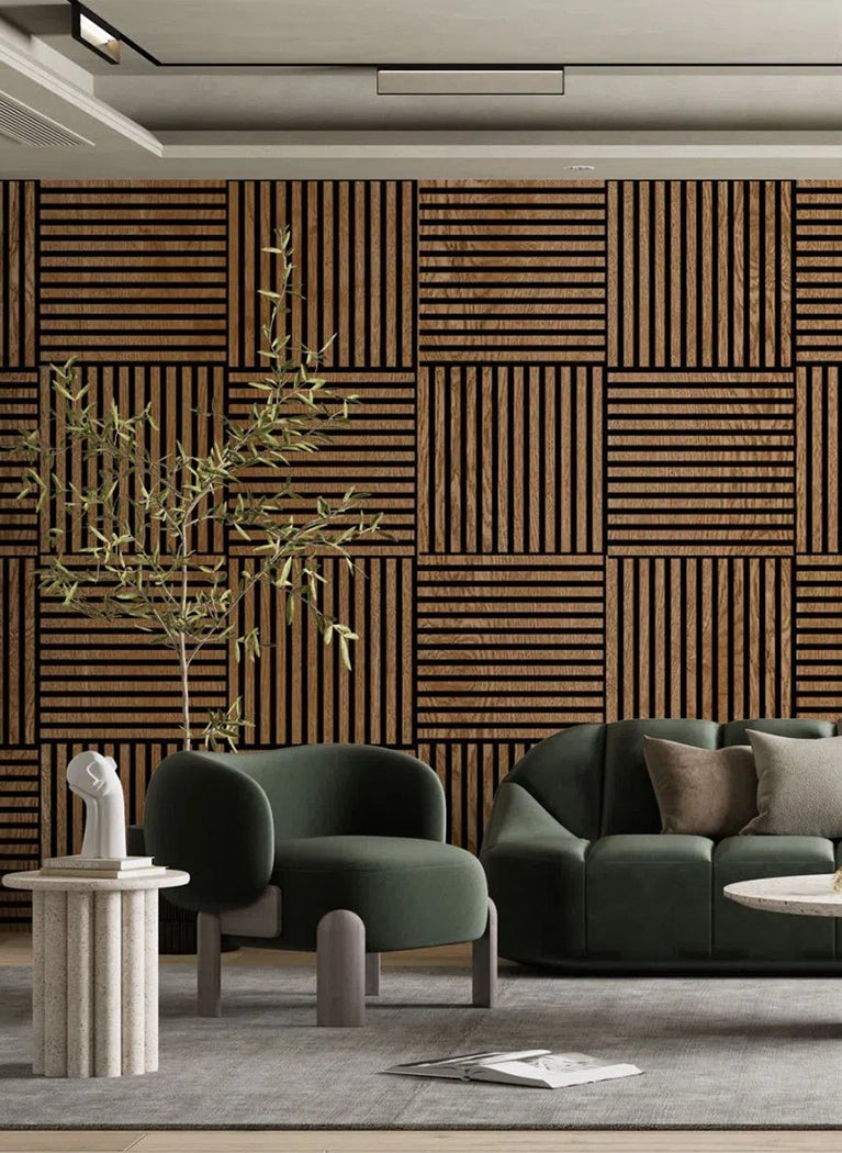 Wooden Acoustic Panels - VENEERED OAK Wall Slats in living room interior DecorMania.eu