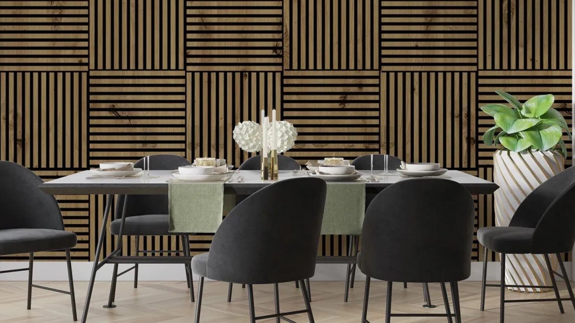 theme wooden acoustic panels wall slats before in the dining room
