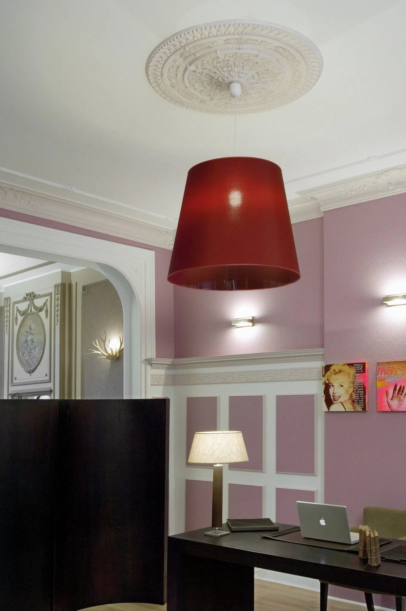 VICTORIA R25 Ceiling Rose with a red pendant light | DecorMania.eu